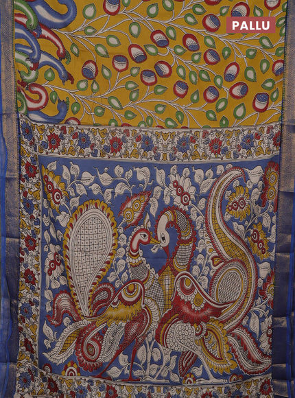 Kalamkari semi silk saree mustard yellow and blue with allover prints and mangalgiri border