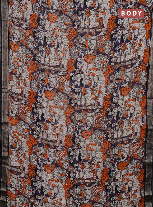 Kalamkari semi silk saree deep violet and black with allover prints and mangalgiri border