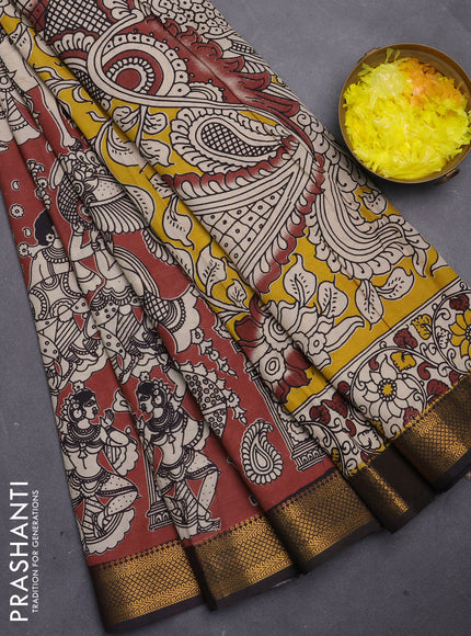Kalamkari semi silk saree brown and black with allover prints and mangalgiri border