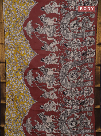 Kalamkari semi silk saree brown and black with allover prints and mangalgiri border