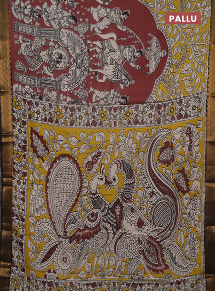 Kalamkari semi silk saree brown and black with allover prints and mangalgiri border