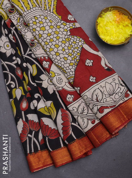 Kalamkari semi silk saree black and rustic maroon with allover pichwai prints and mangalgiri border