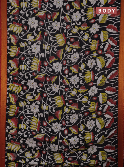 Kalamkari semi silk saree black and rustic maroon with allover pichwai prints and mangalgiri border