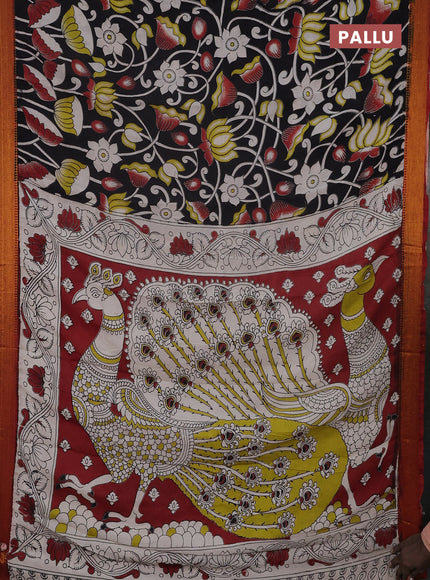 Kalamkari semi silk saree black and rustic maroon with allover pichwai prints and mangalgiri border