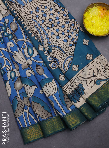 Kalamkari semi silk saree blue and peacock green with allover prints and mangalgiri border