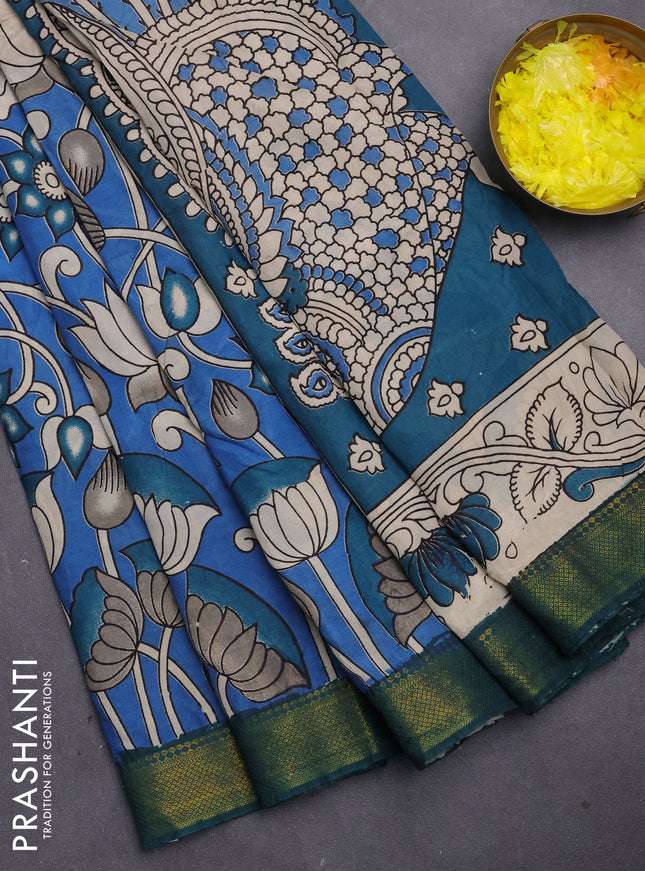 Kalamkari semi silk saree blue and peacock green with allover prints and mangalgiri border