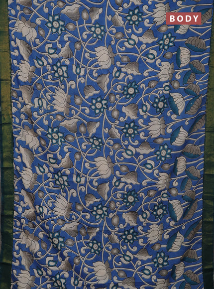 Kalamkari semi silk saree blue and peacock green with allover prints and mangalgiri border