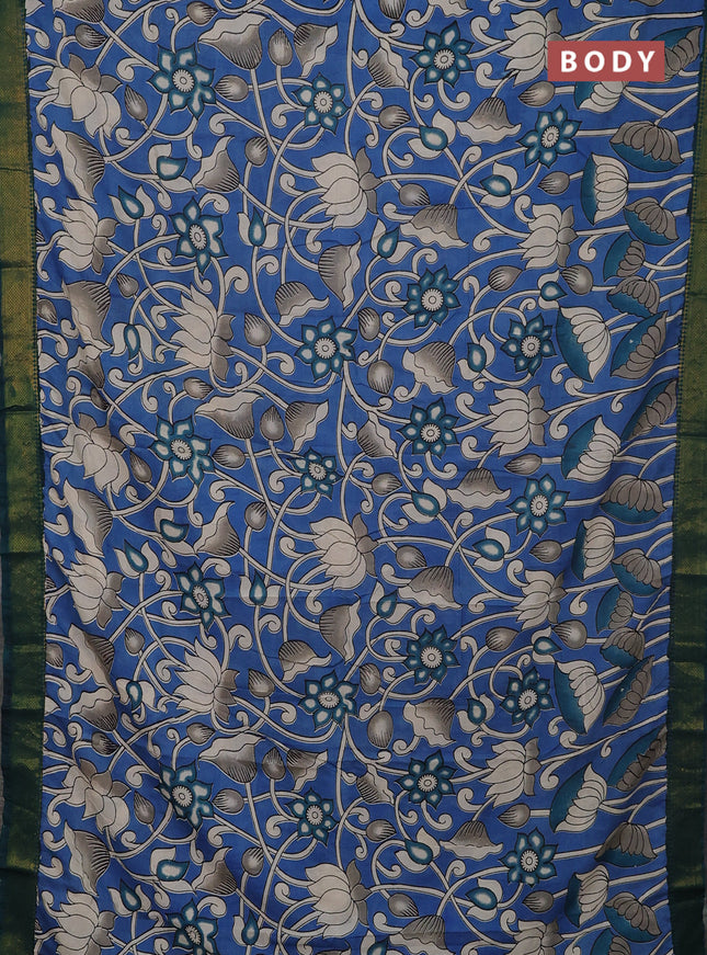Kalamkari semi silk saree blue and peacock green with allover prints and mangalgiri border