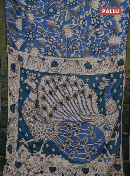 Kalamkari semi silk saree blue and peacock green with allover prints and mangalgiri border