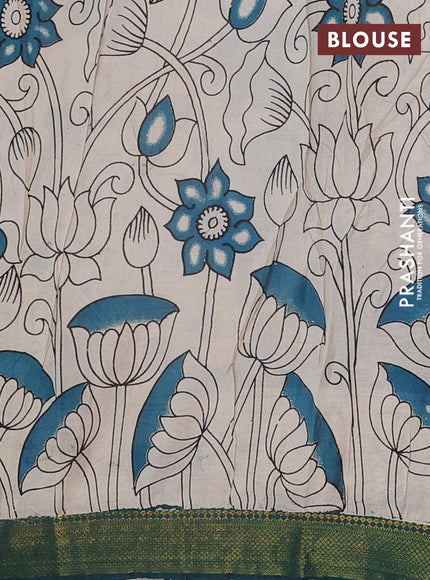 Kalamkari semi silk saree blue and peacock green with allover prints and mangalgiri border