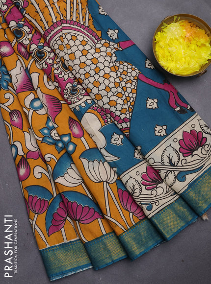 Kalamkari semi silk saree yellow and peacock green with allover prints and mangalgiri border