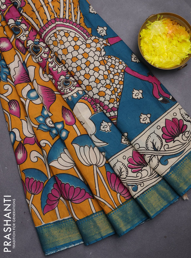 Kalamkari semi silk saree yellow and peacock green with allover prints and mangalgiri border