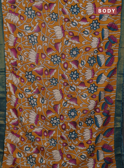 Kalamkari semi silk saree yellow and peacock green with allover prints and mangalgiri border