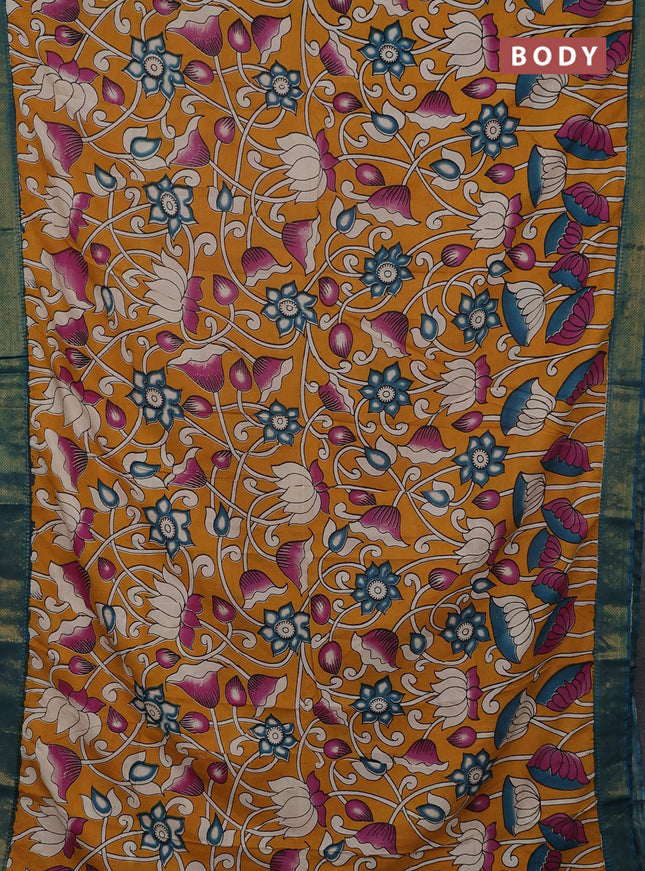 Kalamkari semi silk saree yellow and peacock green with allover prints and mangalgiri border