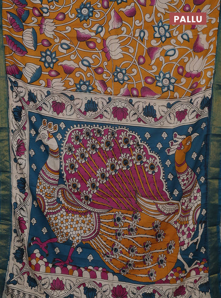 Kalamkari semi silk saree yellow and peacock green with allover prints and mangalgiri border