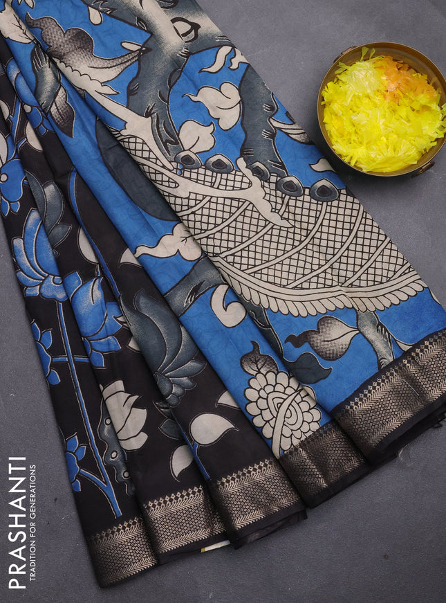 Kalamkari semi silk saree black with allover pichwai prints and mangalgiri border