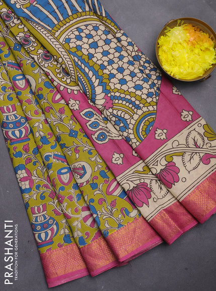 Kalamkari semi silk saree light green and pink with allover prints and mangalgiri border