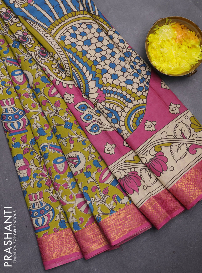 Kalamkari semi silk saree light green and pink with allover prints and mangalgiri border