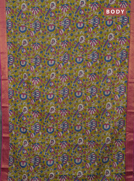 Kalamkari semi silk saree light green and pink with allover prints and mangalgiri border