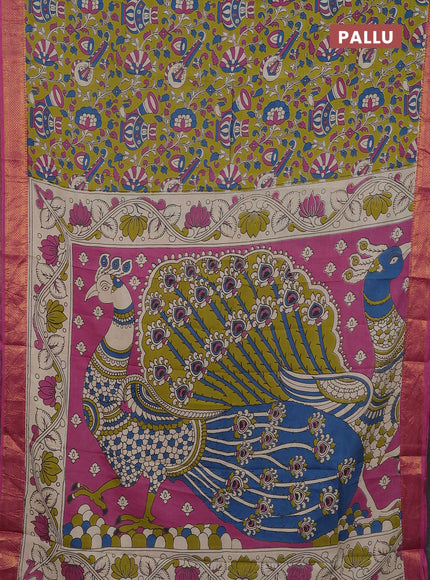 Kalamkari semi silk saree light green and pink with allover prints and mangalgiri border