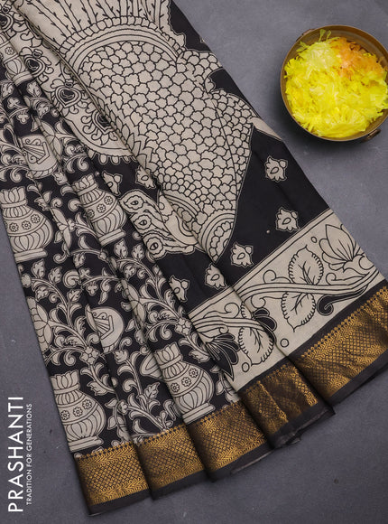 Kalamkari semi silk saree black with allover prints and mangalgiri border