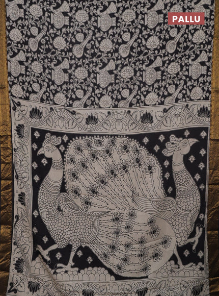 Kalamkari semi silk saree black with allover prints and mangalgiri border