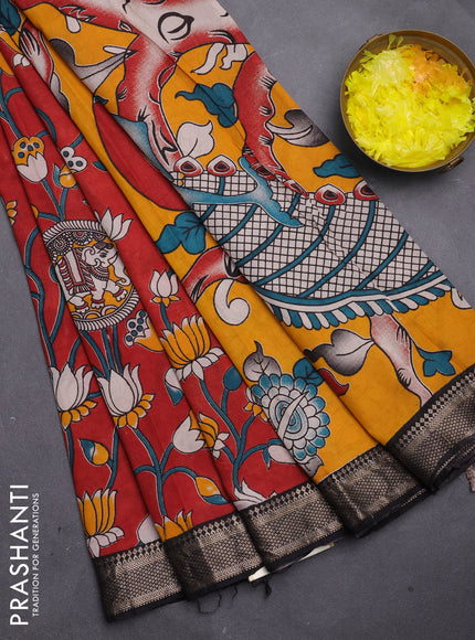 Kalamkari semi silk saree maroon and black with allover prints and mangalgiri border