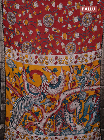 Kalamkari semi silk saree maroon and black with allover prints and mangalgiri border