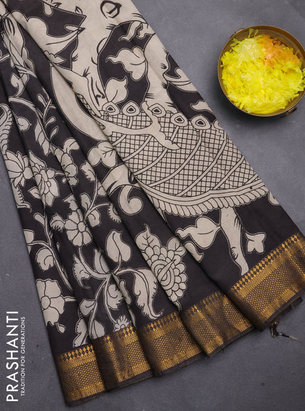 Kalamkari semi silk saree black with allover prints and mangalgiri border