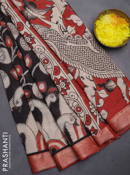 Kalamkari semi silk saree black and rust shade with allover prints and mangalgiri border