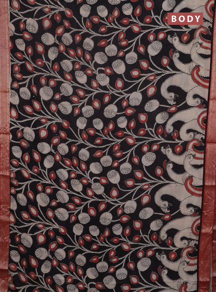 Kalamkari semi silk saree black and rust shade with allover prints and mangalgiri border