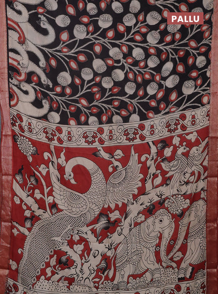 Kalamkari semi silk saree black and rust shade with allover prints and mangalgiri border