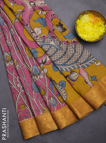 Kalamkari semi silk saree pink and mustard yellow with allover prints and mangalgiri border