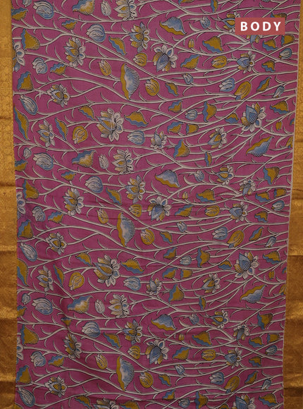 Kalamkari semi silk saree pink and mustard yellow with allover prints and mangalgiri border