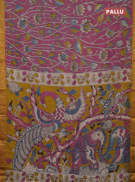 Kalamkari semi silk saree pink and mustard yellow with allover prints and mangalgiri border
