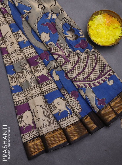 Kalamkari semi silk saree beige and black with allover pichwai prints and mangalgiri border