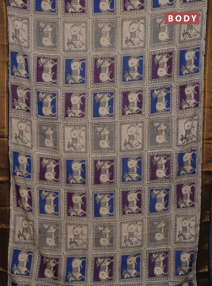 Kalamkari semi silk saree beige and black with allover pichwai prints and mangalgiri border