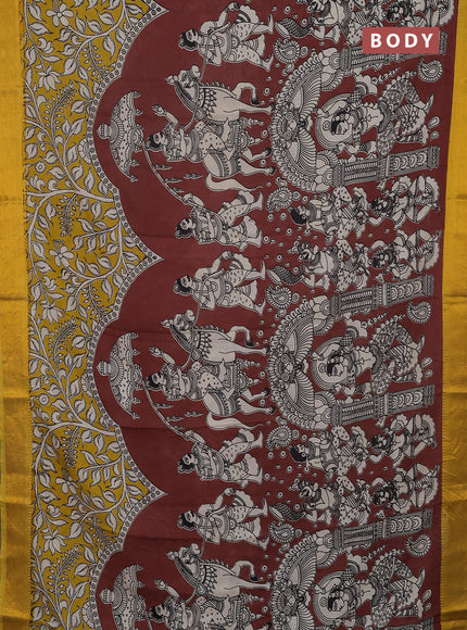 Kalamkari semi silk saree coffee brown and yellow with allover prints and mangalgiri border
