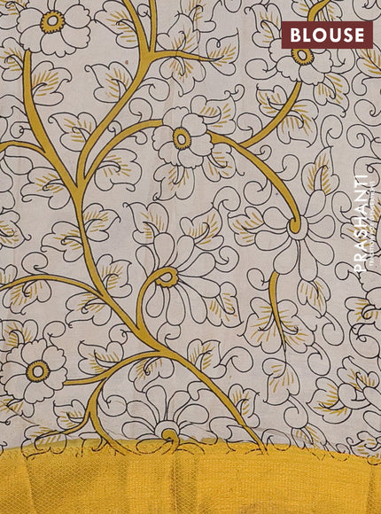 Kalamkari semi silk saree coffee brown and yellow with allover prints and mangalgiri border