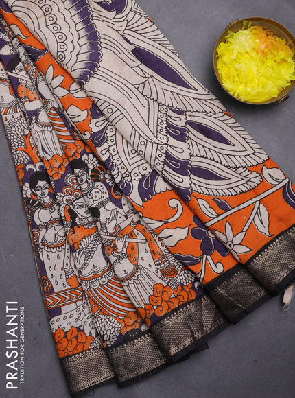 Kalamkari semi silk saree deep violet and black with allover prints and mangalgiri border