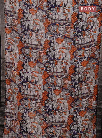 Kalamkari semi silk saree deep violet and black with allover prints and mangalgiri border