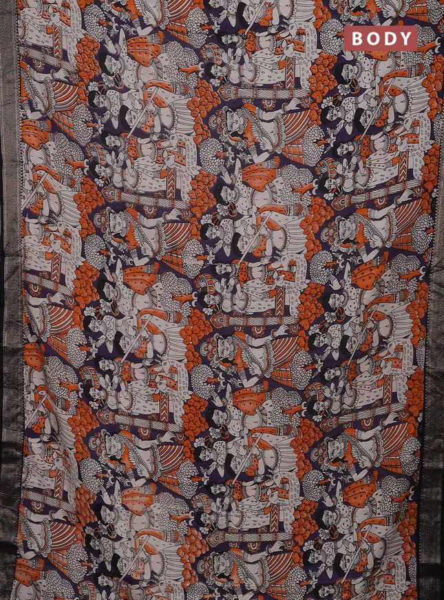 Kalamkari semi silk saree deep violet and black with allover prints and mangalgiri border
