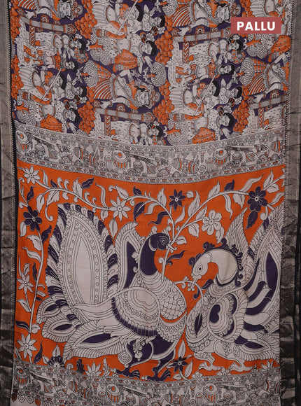 Kalamkari semi silk saree deep violet and black with allover prints and mangalgiri border
