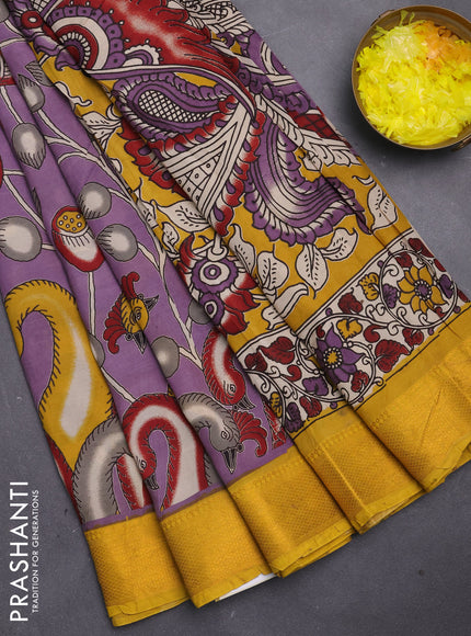 Kalamkari semi silk saree lavender and yellow with allover prints and mangalgiri border