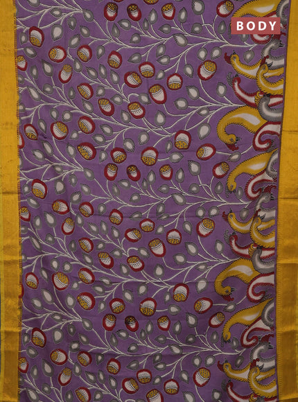 Kalamkari semi silk saree lavender and yellow with allover prints and mangalgiri border