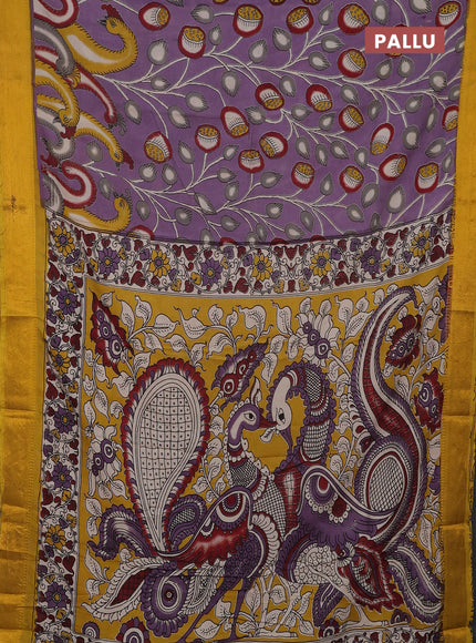 Kalamkari semi silk saree lavender and yellow with allover prints and mangalgiri border