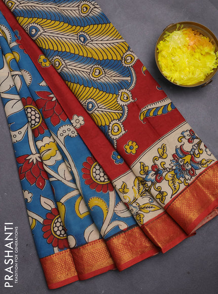 Kalamkari semi silk saree cs blue and maroon with allover prints and mangalgiri border