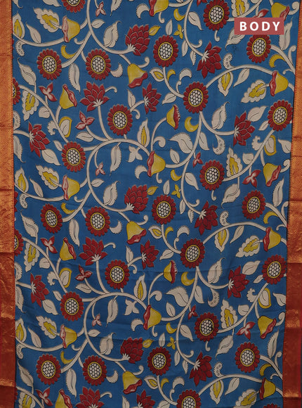 Kalamkari semi silk saree cs blue and maroon with allover prints and mangalgiri border