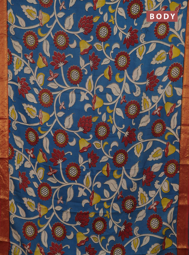 Kalamkari semi silk saree cs blue and maroon with allover prints and mangalgiri border