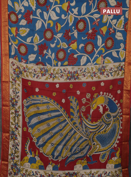 Kalamkari semi silk saree cs blue and maroon with allover prints and mangalgiri border